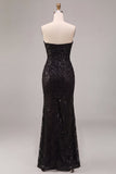 Strapless Sequins Black Mermaid Ruched Long Formal Dress with Slit