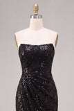 Strapless Sequins Black Mermaid Ruched Long Formal Dress with Slit