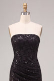 Strapless Black Mermaid Sequins Ruched Maxi Formal Dress