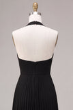 Chiffon Black A-Line Halter Neck Pleated Maxi Formal Dress