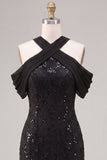 Mermaid Black Sequins Halter Neck Lace Maxi Formal Dress