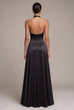 Black A-Line Satin Halter Neck Long Formal Dress