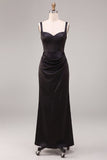 Black Mermaid Satin Ruched Thick Straps Long Formal Dress