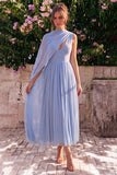 Blue A-Line Chiffon V-Neck Sleeveless Midi Dress with Cape