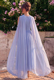 Blue A-Line Chiffon V-Neck Sleeveless Midi Dress with Cape