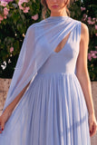 Blue A-Line Chiffon V-Neck Sleeveless Midi Dress with Cape