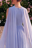 Blue A-Line Chiffon V-Neck Sleeveless Midi Dress with Cape