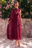 Blue A-Line Chiffon V-Neck Sleeveless Midi Dress with Cape