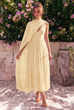 Blue A-Line Chiffon V-Neck Sleeveless Midi Dress with Cape