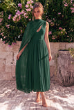 Blue A-Line Chiffon V-Neck Sleeveless Midi Dress with Cape