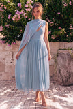 Blue A-Line Chiffon V-Neck Sleeveless Midi Dress with Cape