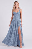 Halter Neck Espresso A-Line Corset Floral Lace Up Back Long Bridesmaid Dress with Slit