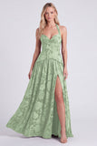 Halter Neck Espresso A-Line Corset Floral Lace Up Back Long Bridesmaid Dress with Slit