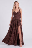 Halter Neck Espresso A-Line Corset Floral Lace Up Back Long Bridesmaid Dress with Slit