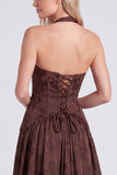 Halter Neck Espresso A-Line Corset Floral Lace Up Back Long Bridesmaid Dress with Slit