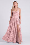Halter Neck Espresso A-Line Corset Floral Lace Up Back Long Bridesmaid Dress with Slit