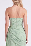 Dusty Sage Strapless Corset Mermaid Chiffon Ruched Floral Long Bridesmaid Dress with Slit