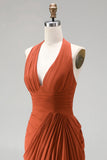 Burnt Orange Halter Neck Ruched Sheath Long Formal Dress