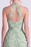 Dusty Sage Mermaid Halter Neck Ruched Floral Long Bridesmaid Dress with Slit