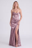 Strapless Sage Floral Corset Mermaid Ruched Long Bridesmaid Dress with Slit