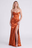 Strapless Sage Floral Corset Mermaid Ruched Long Bridesmaid Dress with Slit