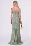 Sage Off the Shoulder Corset Floral Mermaid Ruched Long Bridesmaid Dress with Slit