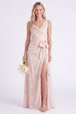 Pink Flower Cowl Neck A-Line Belt Long Bridesmaid Dress with Slit
