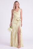 Pink Flower Cowl Neck A-Line Belt Long Bridesmaid Dress with Slit