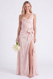 Pink Flower Cowl Neck A-Line Belt Long Bridesmaid Dress with Slit