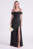 Pink Cold Shoulder Floral Ruched A-Line Lace Up Back Long Bridesmaid Dress with Slit