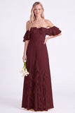 Off the Shoulder Daffodil Chiffon Ruffled Long Bridesmaid Dress