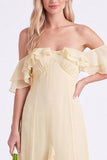 Off the Shoulder Daffodil Chiffon Ruffled Long Bridesmaid Dress