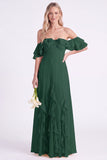 Off the Shoulder Daffodil Chiffon Ruffled Long Bridesmaid Dress