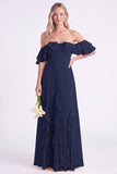 Off the Shoulder Daffodil Chiffon Ruffled Long Bridesmaid Dress