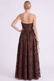 Strapless Espresso A-Line Floral Long Bridesmaid Dress with Ruffles
