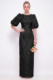 Blush Pink Bodycon Round Neck Floral Puff Sleeves Long Bridesmaid Dress with Slit