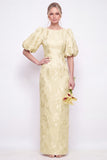 Blush Pink Bodycon Round Neck Floral Puff Sleeves Long Bridesmaid Dress with Slit