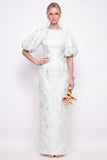 Blush Pink Bodycon Round Neck Floral Puff Sleeves Long Bridesmaid Dress with Slit