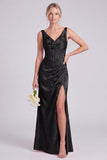 Mermaid Green V-Neck Floral Corset Ruched Long Bridesmaid Dress with Slit