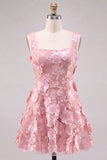 A-Line Square Neck Floral Pink Short Homecoming Dress with Appliques