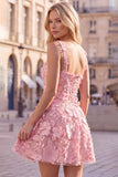 A-Line Square Neck Floral Pink Short Homecoming Dress with Appliques