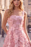 A-Line Square Neck Floral Pink Short Homecoming Dress with Appliques