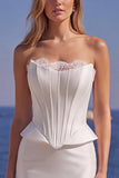 White Strapless Corset Satin Long Mermaid Wedding Dress