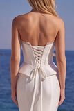 White Strapless Corset Satin Long Mermaid Wedding Dress