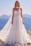 White Corset Tulle A-Line Sweetheart Appliqued Floral Long Wedding Dress