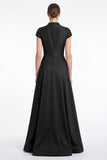 A-Line Black V-Neck Beaded Appliqued Mother Of the Bride Dress with Cap Sleeves