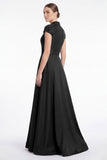 A-Line Black V-Neck Beaded Appliqued Mother Of the Bride Dress with Cap Sleeves