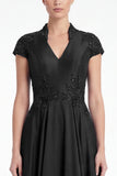 A-Line Black V-Neck Beaded Appliqued Mother Of the Bride Dress with Cap Sleeves