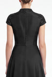 A-Line Black V-Neck Beaded Appliqued Mother Of the Bride Dress with Cap Sleeves