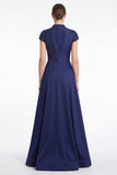 A-Line Black V-Neck Beaded Appliqued Mother Of the Bride Dress with Cap Sleeves